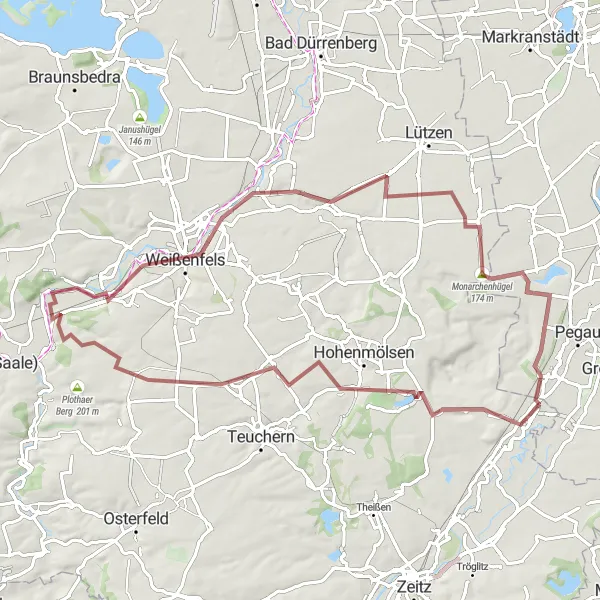 Map miniature of "Gravel roundtrip to Tagebau Profen" cycling inspiration in Leipzig, Germany. Generated by Tarmacs.app cycling route planner