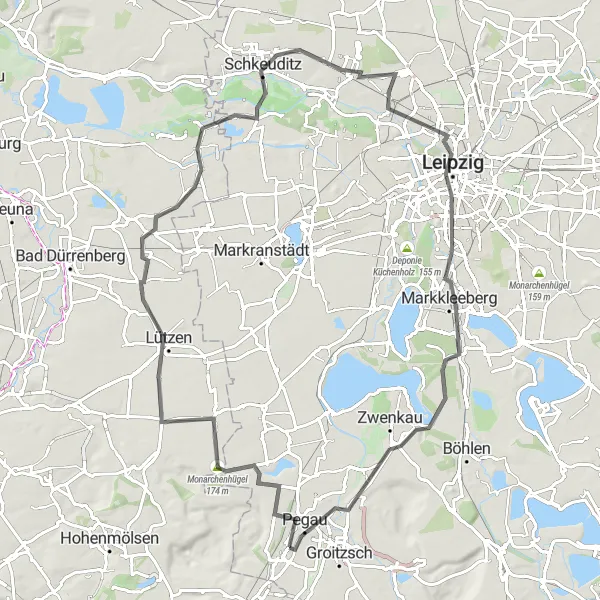 Map miniature of "Road roundtrip to Leipzig" cycling inspiration in Leipzig, Germany. Generated by Tarmacs.app cycling route planner