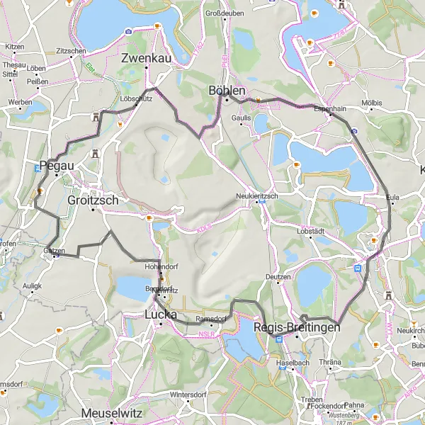 Map miniature of "The Elstertrebnitz Loop" cycling inspiration in Leipzig, Germany. Generated by Tarmacs.app cycling route planner