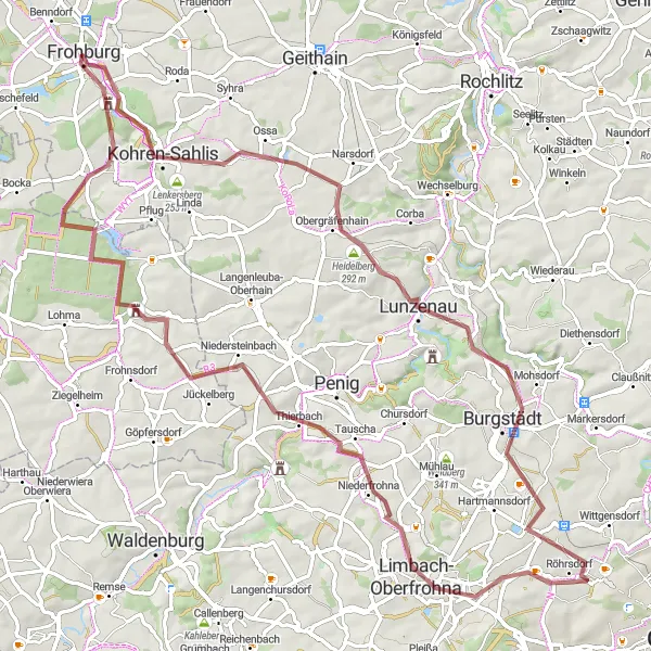 Map miniature of "Exploring the Hills and Valleys" cycling inspiration in Leipzig, Germany. Generated by Tarmacs.app cycling route planner