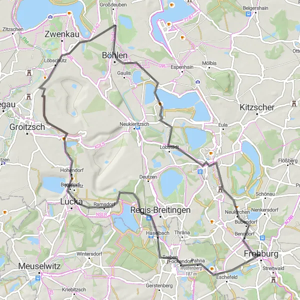 Map miniature of "Froise Valley Loop" cycling inspiration in Leipzig, Germany. Generated by Tarmacs.app cycling route planner