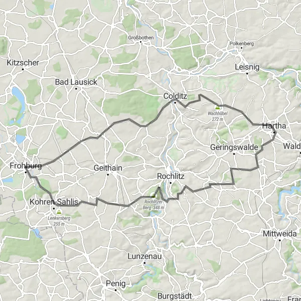 Karten-Miniaturansicht der Radinspiration "Straßenrundfahrt um Frohburg" in Leipzig, Germany. Erstellt vom Tarmacs.app-Routenplaner für Radtouren