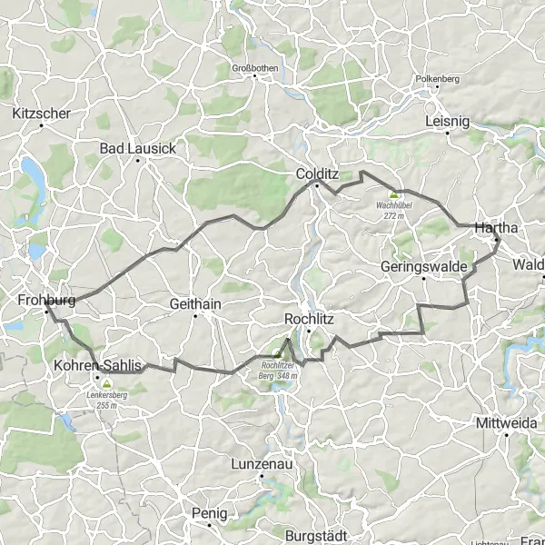 Map miniature of "Eastern Summits Extravaganza" cycling inspiration in Leipzig, Germany. Generated by Tarmacs.app cycling route planner