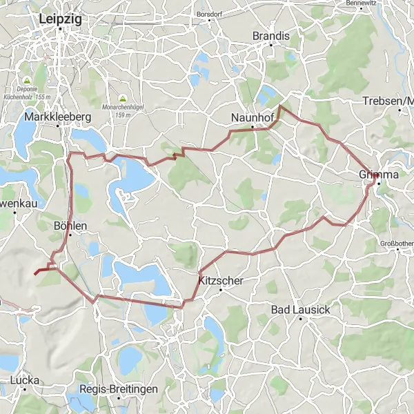 Map miniature of "Gravel Adventure in the Leipzig Suburbs" cycling inspiration in Leipzig, Germany. Generated by Tarmacs.app cycling route planner