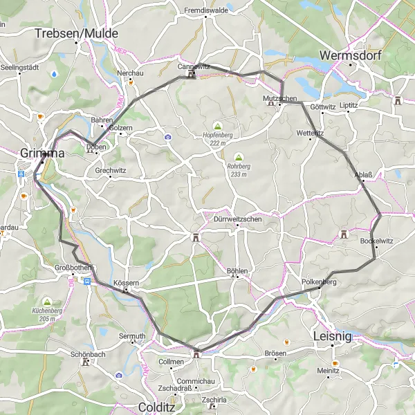 Map miniature of "Exploring the Mulde Valley" cycling inspiration in Leipzig, Germany. Generated by Tarmacs.app cycling route planner