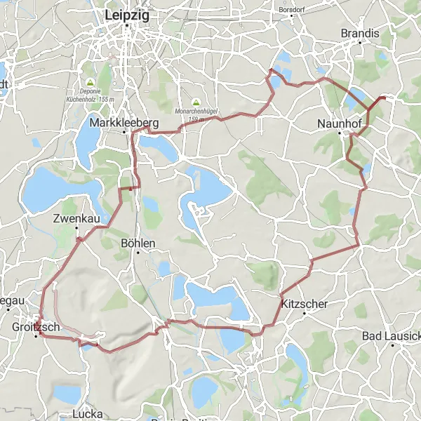 Map miniature of "Groitzsch Roundtrip Gravel" cycling inspiration in Leipzig, Germany. Generated by Tarmacs.app cycling route planner