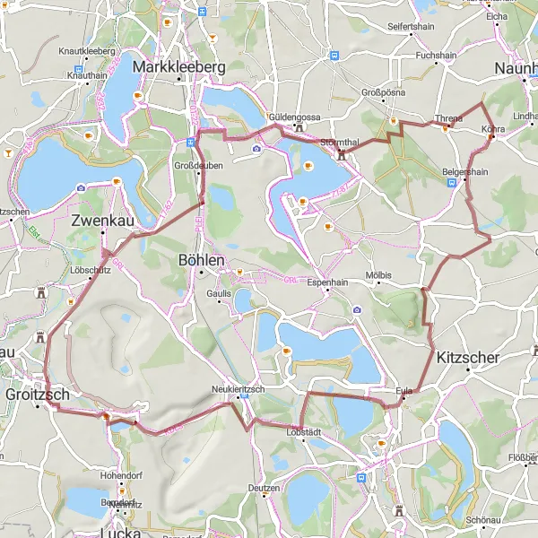 Map miniature of "Groitzsch Roundtrip Gravel" cycling inspiration in Leipzig, Germany. Generated by Tarmacs.app cycling route planner