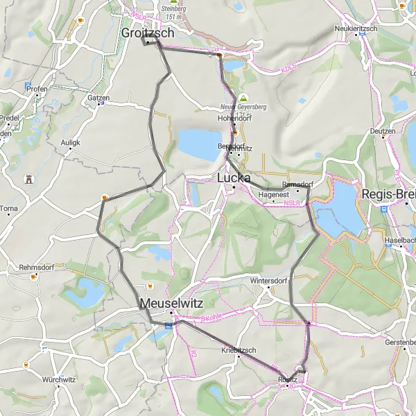 Map miniature of "Groitzsch Roundtrip Road" cycling inspiration in Leipzig, Germany. Generated by Tarmacs.app cycling route planner