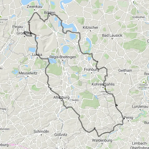 Karten-Miniaturansicht der Radinspiration "Tour durch Lucka und Gösdorf" in Leipzig, Germany. Erstellt vom Tarmacs.app-Routenplaner für Radtouren