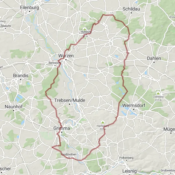 Karten-Miniaturansicht der Radinspiration "Entlang der Hügel und Berge" in Leipzig, Germany. Erstellt vom Tarmacs.app-Routenplaner für Radtouren
