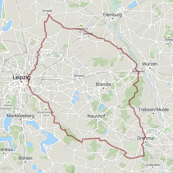 Map miniature of "Belgershain Gravel Loop" cycling inspiration in Leipzig, Germany. Generated by Tarmacs.app cycling route planner