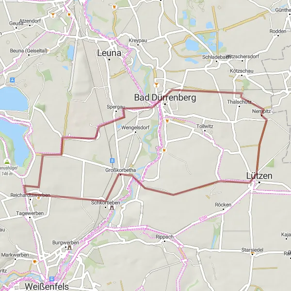 Map miniature of "Lützen and Bad Dürrenberg Gravel Ride" cycling inspiration in Leipzig, Germany. Generated by Tarmacs.app cycling route planner