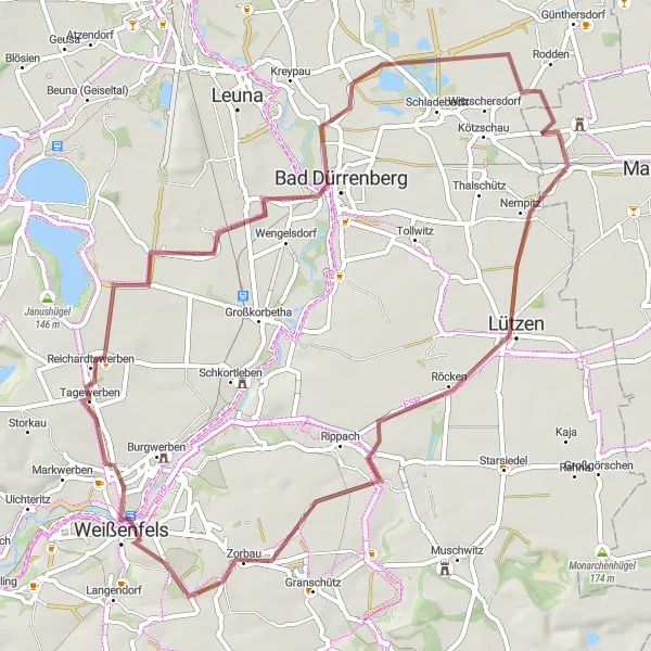 Map miniature of "Röcken and Bad Dürrenberg Gravel Loop" cycling inspiration in Leipzig, Germany. Generated by Tarmacs.app cycling route planner