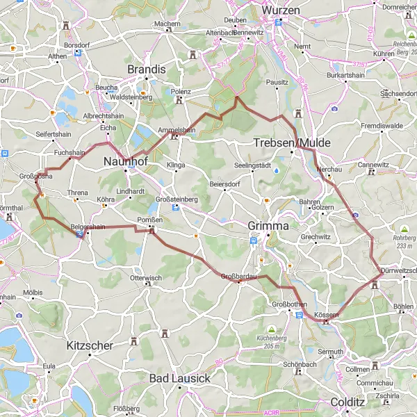 Karten-Miniaturansicht der Radinspiration "Rundreise von Großpösna nach Belgershain" in Leipzig, Germany. Erstellt vom Tarmacs.app-Routenplaner für Radtouren