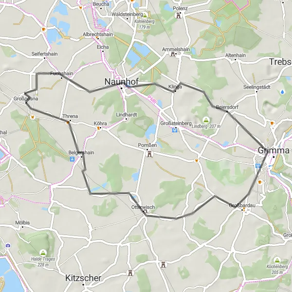 Map miniature of "Leipzig Grimma Loop" cycling inspiration in Leipzig, Germany. Generated by Tarmacs.app cycling route planner