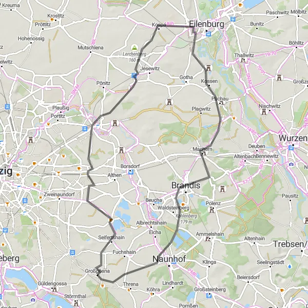 Map miniature of "Leipzig Machern Loop" cycling inspiration in Leipzig, Germany. Generated by Tarmacs.app cycling route planner