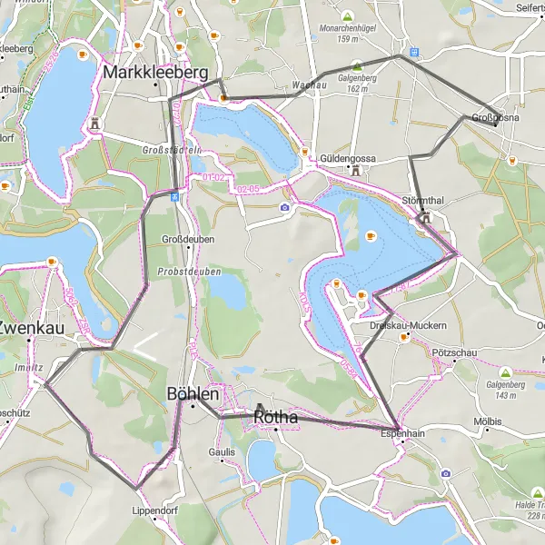Map miniature of "Lake Serenity" cycling inspiration in Leipzig, Germany. Generated by Tarmacs.app cycling route planner