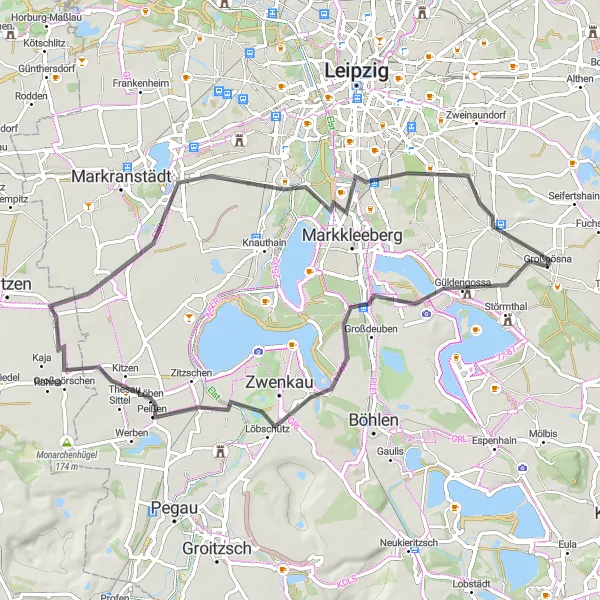 Karten-Miniaturansicht der Radinspiration "Rundtour um Großpösna" in Leipzig, Germany. Erstellt vom Tarmacs.app-Routenplaner für Radtouren