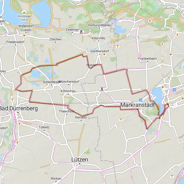 Karten-Miniaturansicht der Radinspiration "Gravel-Abenteuer von Großzschocher nach Rodden" in Leipzig, Germany. Erstellt vom Tarmacs.app-Routenplaner für Radtouren