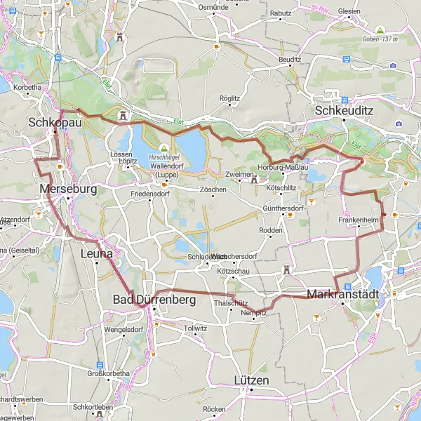 Map miniature of "Gravel Route through Wachberg and Hirschhügel" cycling inspiration in Leipzig, Germany. Generated by Tarmacs.app cycling route planner