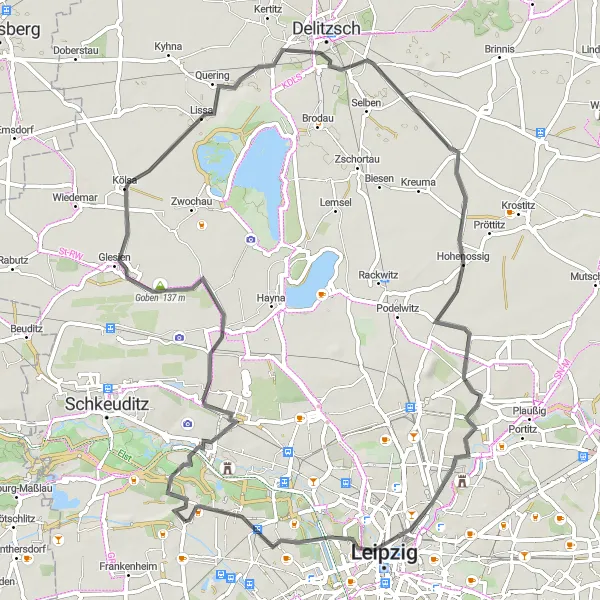 Karten-Miniaturansicht der Radinspiration "Rundweg von Großzschocher nach Burghausen" in Leipzig, Germany. Erstellt vom Tarmacs.app-Routenplaner für Radtouren