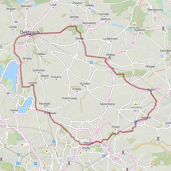 Map miniature of "Scenic Gravel Loop" cycling inspiration in Leipzig, Germany. Generated by Tarmacs.app cycling route planner