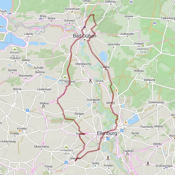 Map miniature of "Discover Historic Gravel Route" cycling inspiration in Leipzig, Germany. Generated by Tarmacs.app cycling route planner