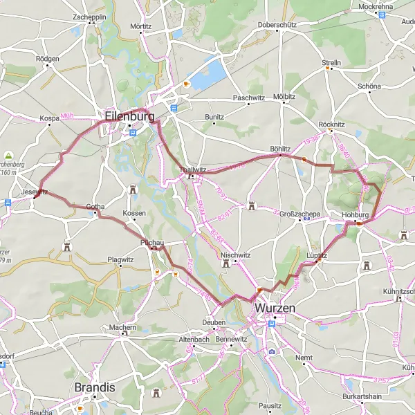 Map miniature of "Off-The-Beaten-Path Gravel Adventure" cycling inspiration in Leipzig, Germany. Generated by Tarmacs.app cycling route planner