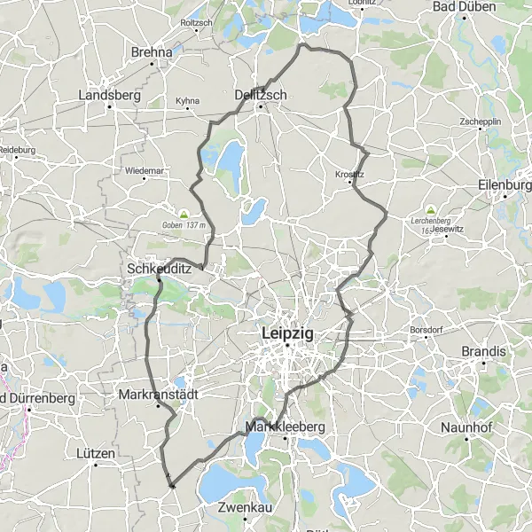 Karten-Miniaturansicht der Radinspiration "Road-Tour nach Cospudener See" in Leipzig, Germany. Erstellt vom Tarmacs.app-Routenplaner für Radtouren