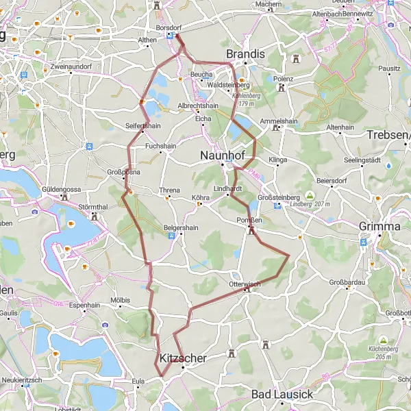 Map miniature of "Thierbach Loop Adventure" cycling inspiration in Leipzig, Germany. Generated by Tarmacs.app cycling route planner