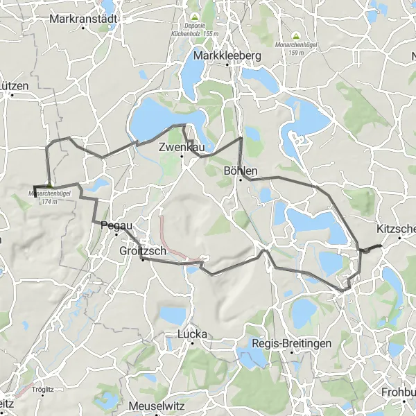 Karten-Miniaturansicht der Radinspiration "Rundweg durch das Kohle- und Seenland" in Leipzig, Germany. Erstellt vom Tarmacs.app-Routenplaner für Radtouren