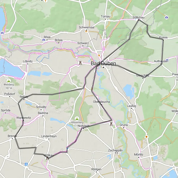 Map miniature of "The Bad Düben Loop" cycling inspiration in Leipzig, Germany. Generated by Tarmacs.app cycling route planner