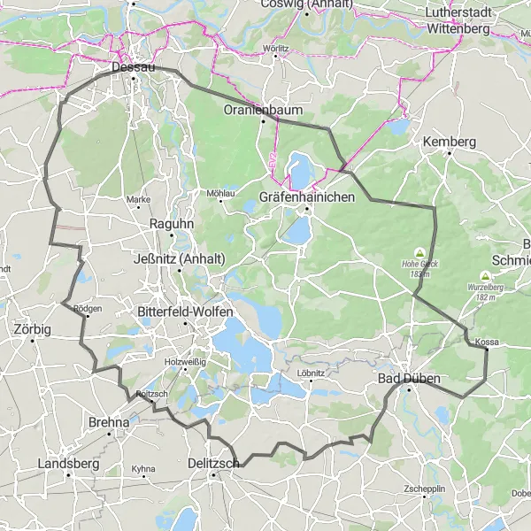 Map miniature of "The Mosigkau Adventure" cycling inspiration in Leipzig, Germany. Generated by Tarmacs.app cycling route planner