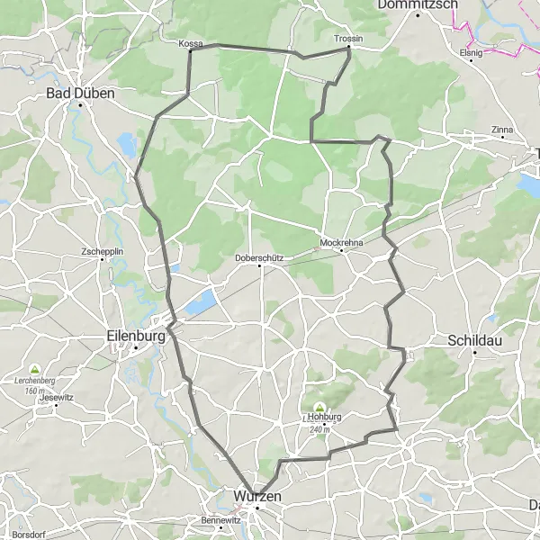Map miniature of "Wurzen Loop" cycling inspiration in Leipzig, Germany. Generated by Tarmacs.app cycling route planner