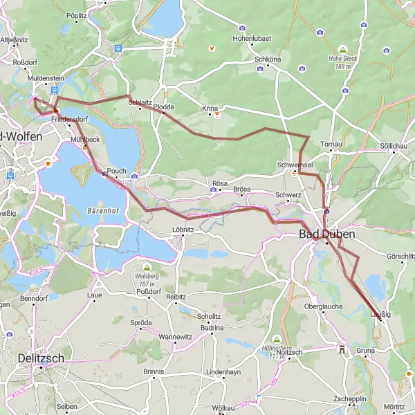 Karten-Miniaturansicht der Radinspiration "Abenteuerliche Schotterwege von Leipzig" in Leipzig, Germany. Erstellt vom Tarmacs.app-Routenplaner für Radtouren