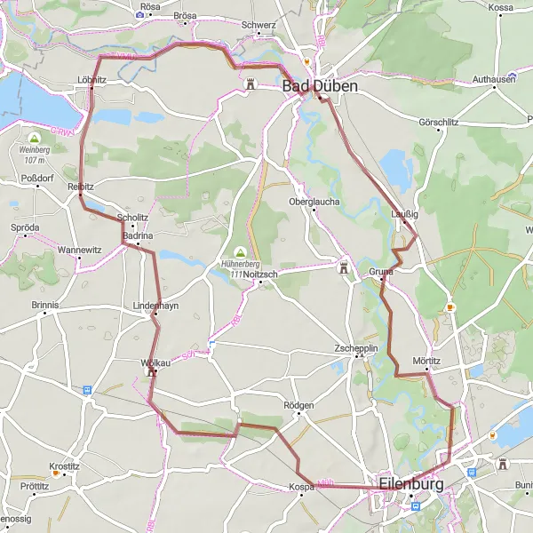 Map miniature of "Bad Düben to Reibitz Loop" cycling inspiration in Leipzig, Germany. Generated by Tarmacs.app cycling route planner