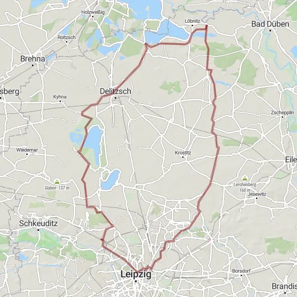 Map miniature of "The Gravel Wine Route" cycling inspiration in Leipzig, Germany. Generated by Tarmacs.app cycling route planner