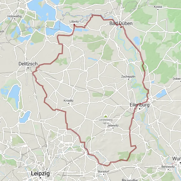 Karten-Miniaturansicht der Radinspiration "Erlebnisreiche Gravel-Tour ab Löbnitz" in Leipzig, Germany. Erstellt vom Tarmacs.app-Routenplaner für Radtouren
