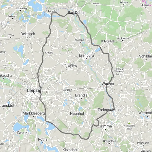 Karten-Miniaturansicht der Radinspiration "Road-Tour von Löbnitz nach Stötteritz" in Leipzig, Germany. Erstellt vom Tarmacs.app-Routenplaner für Radtouren