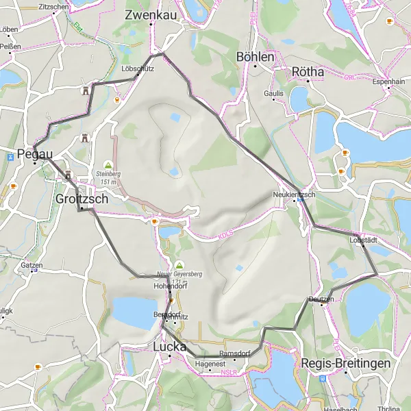 Map miniature of "Deutzen Loop" cycling inspiration in Leipzig, Germany. Generated by Tarmacs.app cycling route planner