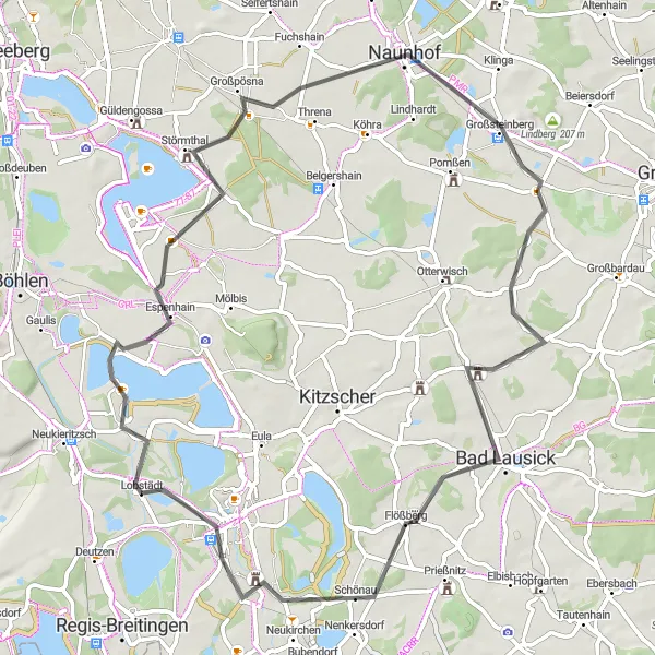 Map miniature of "Naunhof Loop" cycling inspiration in Leipzig, Germany. Generated by Tarmacs.app cycling route planner