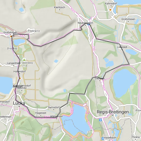 Map miniature of "The Rural Road Escape" cycling inspiration in Leipzig, Germany. Generated by Tarmacs.app cycling route planner