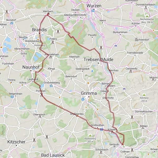 Map miniature of "Gravel Adventure to Brandis" cycling inspiration in Leipzig, Germany. Generated by Tarmacs.app cycling route planner