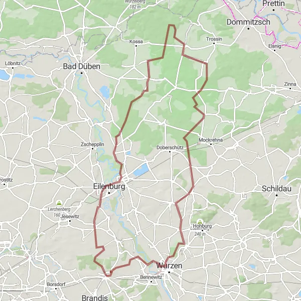 Map miniature of "Wurzen Escape" cycling inspiration in Leipzig, Germany. Generated by Tarmacs.app cycling route planner