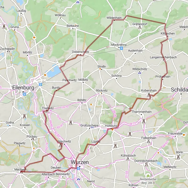 Map miniature of "Gravel Adventure to Wurzen" cycling inspiration in Leipzig, Germany. Generated by Tarmacs.app cycling route planner