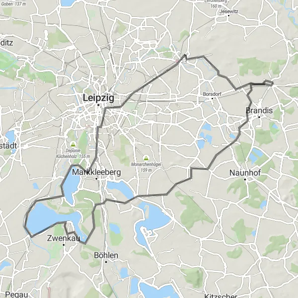 Map miniature of "Exploring the Surroundings of Leipzig" cycling inspiration in Leipzig, Germany. Generated by Tarmacs.app cycling route planner