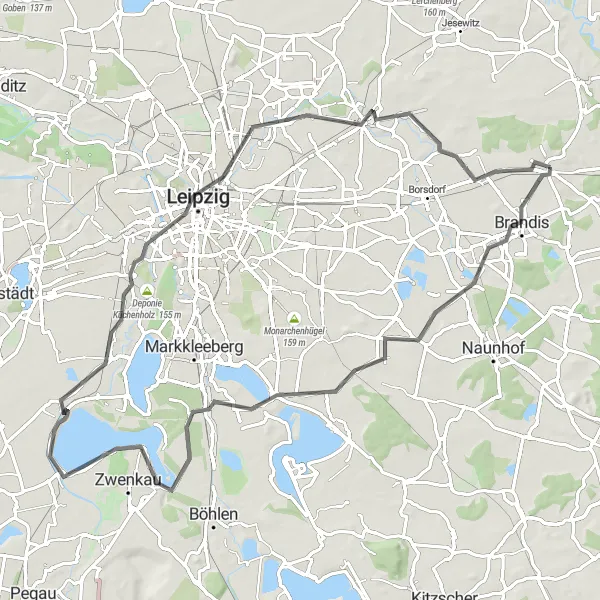 Map miniature of "Around Machern and Leipzig" cycling inspiration in Leipzig, Germany. Generated by Tarmacs.app cycling route planner