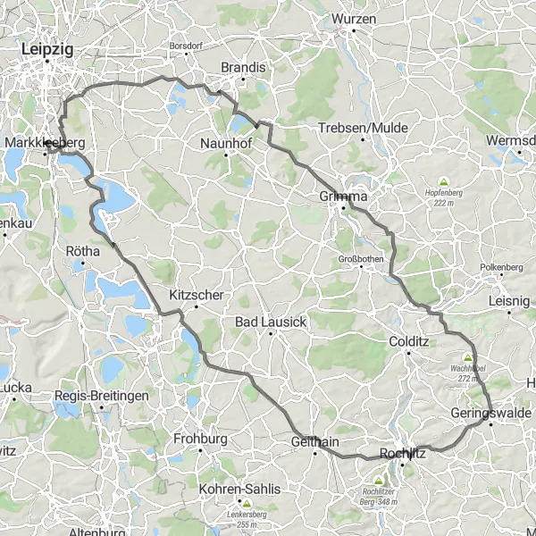 Karten-Miniaturansicht der Radinspiration "Road-Tour um Stötteritz und Geithain" in Leipzig, Germany. Erstellt vom Tarmacs.app-Routenplaner für Radtouren