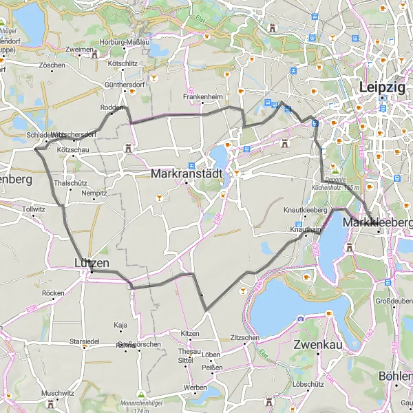 Map miniature of "Lake Loop Adventure" cycling inspiration in Leipzig, Germany. Generated by Tarmacs.app cycling route planner
