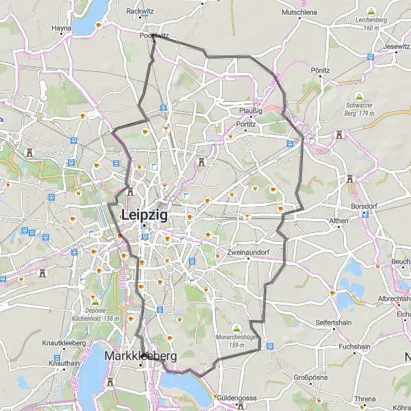 Map miniature of "Rural Road Serenity" cycling inspiration in Leipzig, Germany. Generated by Tarmacs.app cycling route planner